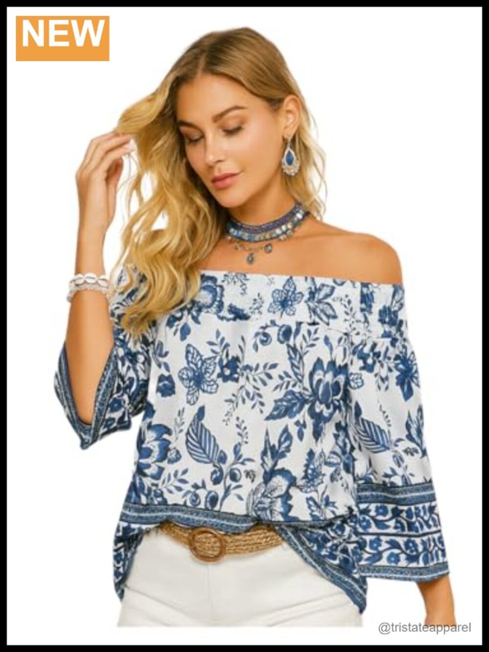 Boho Off Shoulder Blouse Women Floral Long Sleeve Smocked Neckline